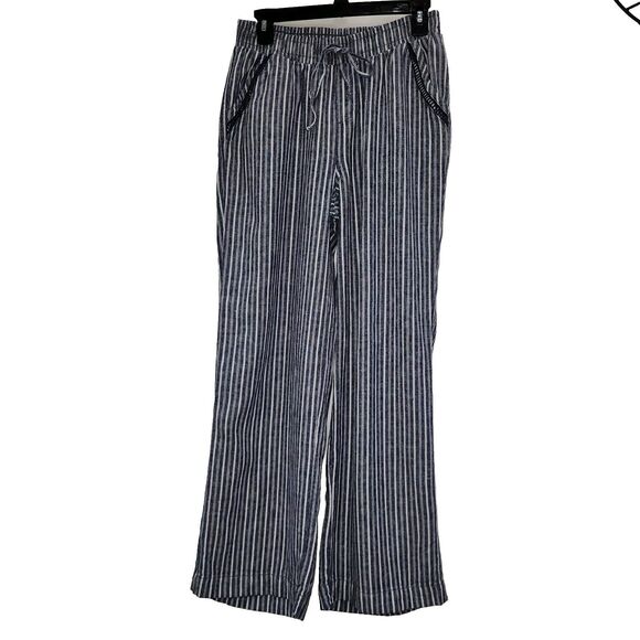 Briggs Womens Striped Pants Linen Blend Elastic Waist‎ Baggy Pull On Wide Leg  M - Picture 2 of 13